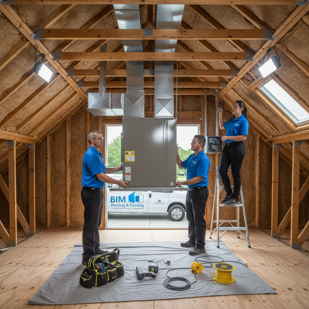 Experienced BIM Heating and Cooling team installing new HVAC system in Fredericksburg, Virginia.