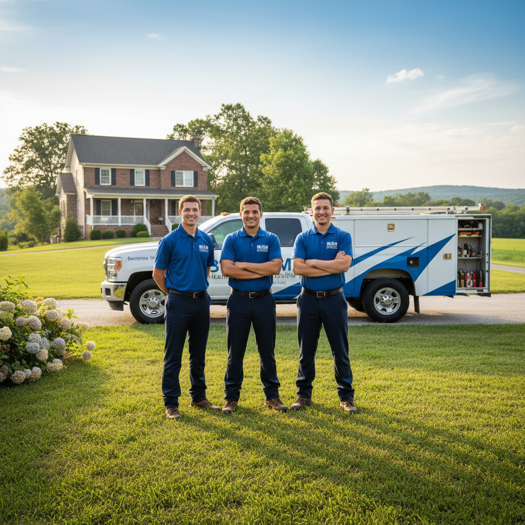 Experienced BIM Heating and Cooling team smiling in front of a service truck in rural Fredericksburg, VA.