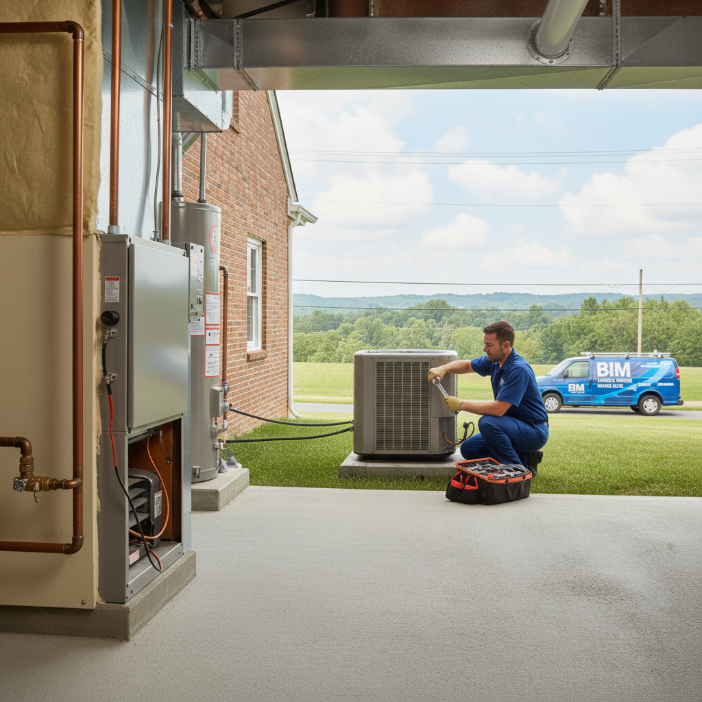 Experienced BIM Heating and Cooling technician adjusting an air conditioning unit in Fredericksburg, Virginia.