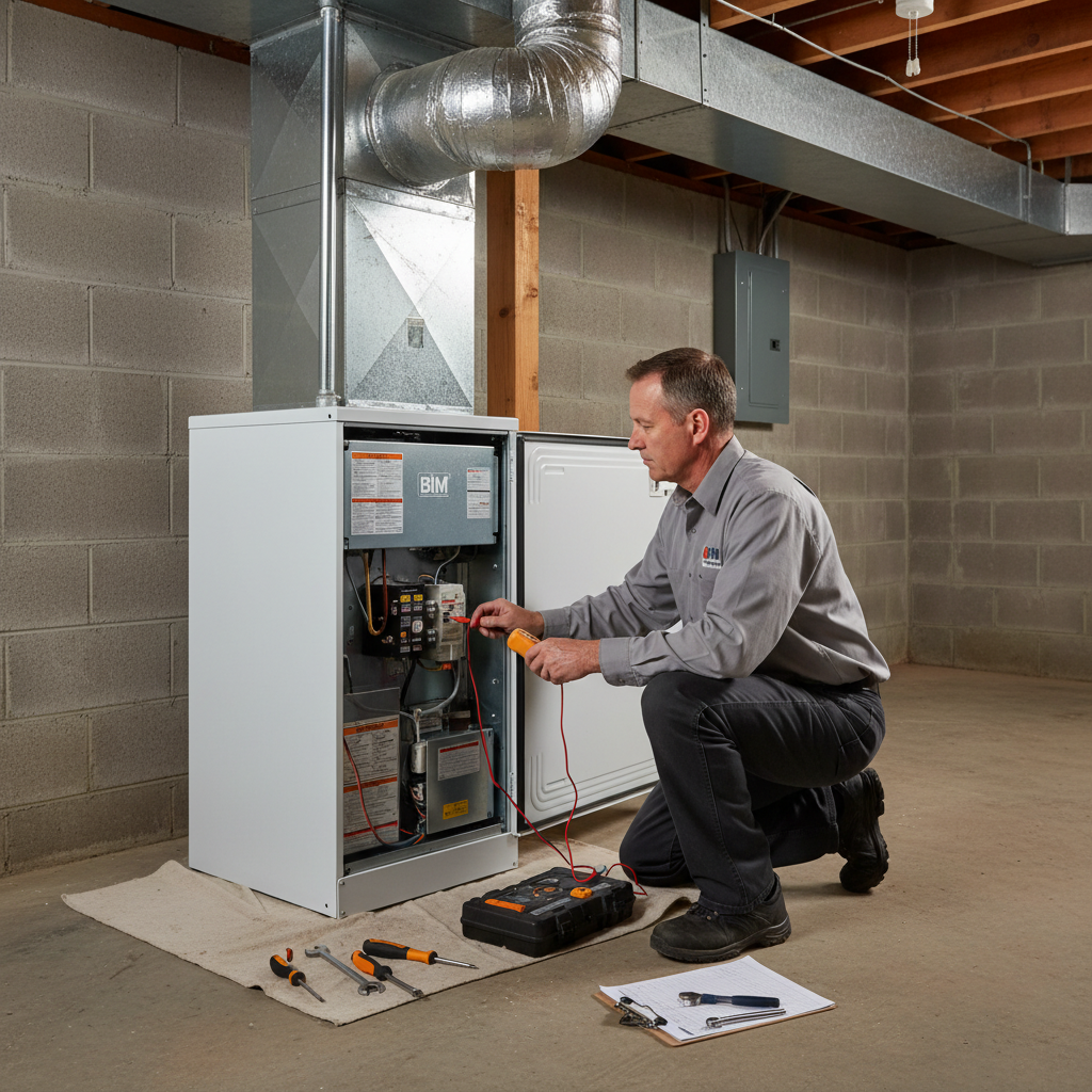 Experienced BIM Heating and Cooling technician checking a furnace in a Virginia basement near Fredericksburg.