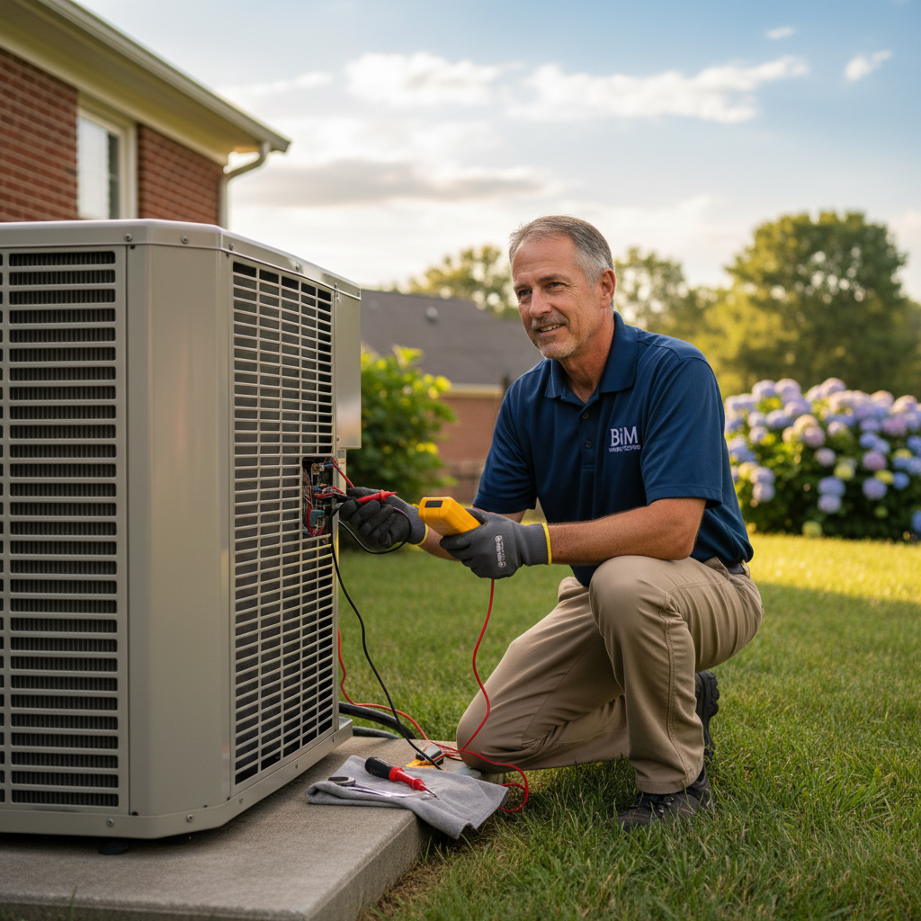 Experienced BIM Heating and Cooling technician checking an outdoor AC unit in Fredericksburg, Virginia.