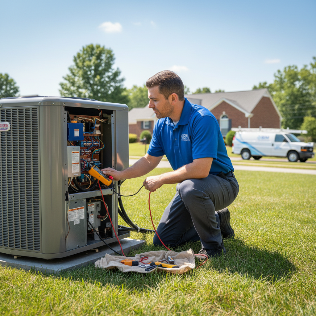 Experienced BIM Heating and Cooling technician diagnosing an outdoor AC unit in Fredericksburg, VA.