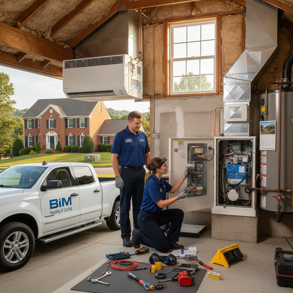 Experienced BIM Heating and Cooling technician inspecting a furnace in a Virginia home near Fredericksburg.