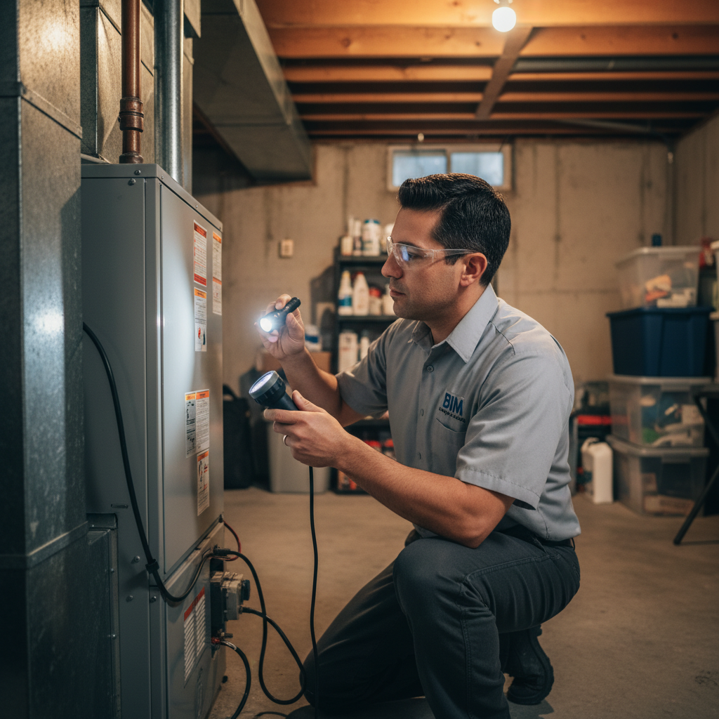 Experienced BIM Heating and Cooling technician inspecting a furnace in a Virginia residential basement.