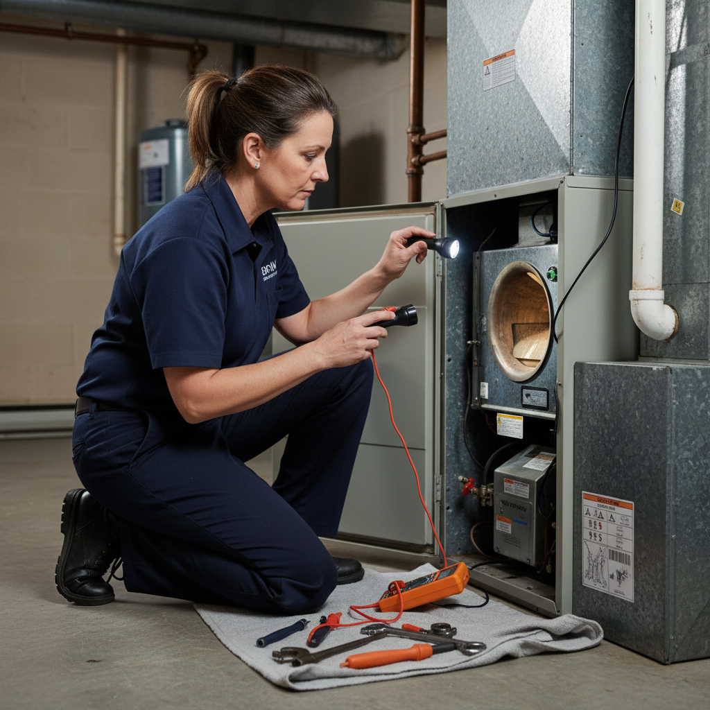 Experienced BIM Heating and Cooling technician inspecting a furnace in a Fredericksburg, Virginia residence.