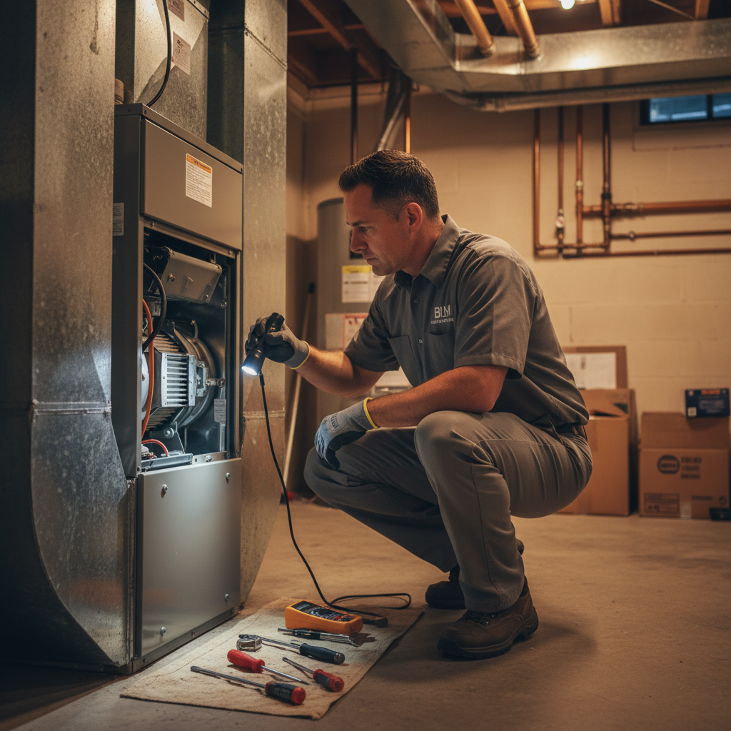Experienced BIM Heating and Cooling technician inspecting a furnace in a Virginia basement.