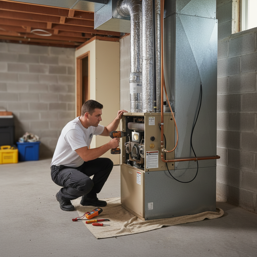 Experienced BIM Heating and Cooling technician inspecting a furnace in a Fredericksburg, Virginia basement.