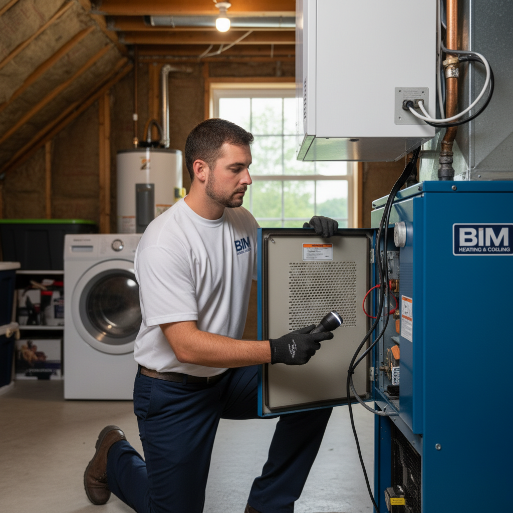 Experienced BIM Heating and Cooling technician inspecting a furnace in a Fredericksburg, Virginia residence.