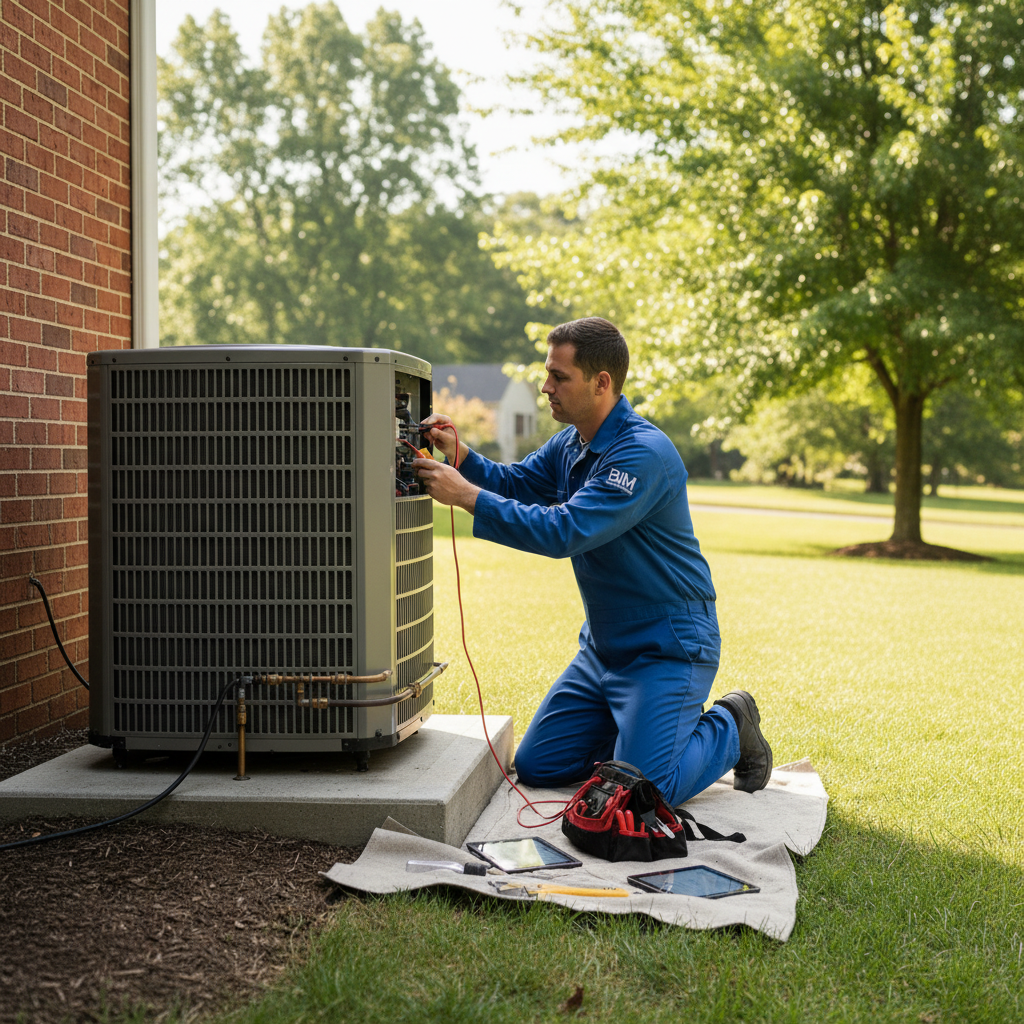 Experienced BIM Heating and Cooling technician inspecting an outdoor heat pump in a Fredericksburg area backyard.