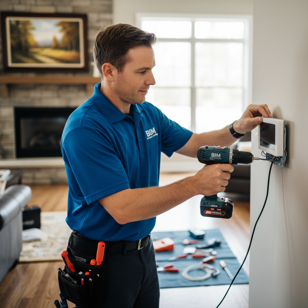Experienced BIM Heating and Cooling technician installing a new thermostat in Spotsylvania, Virginia.