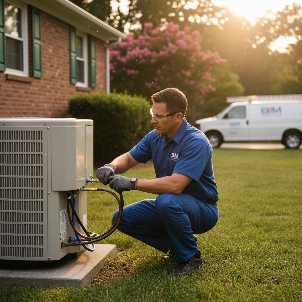 Experienced BIM Heating and Cooling technician installing a new air conditioner in Fredericksburg, Virginia.
