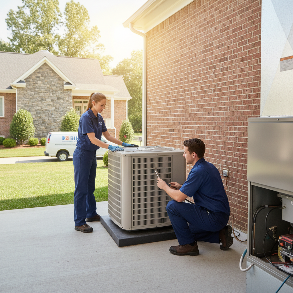 Experienced BIM Heating and Cooling technician installing a new AC unit in a Stafford County, Virginia residence.