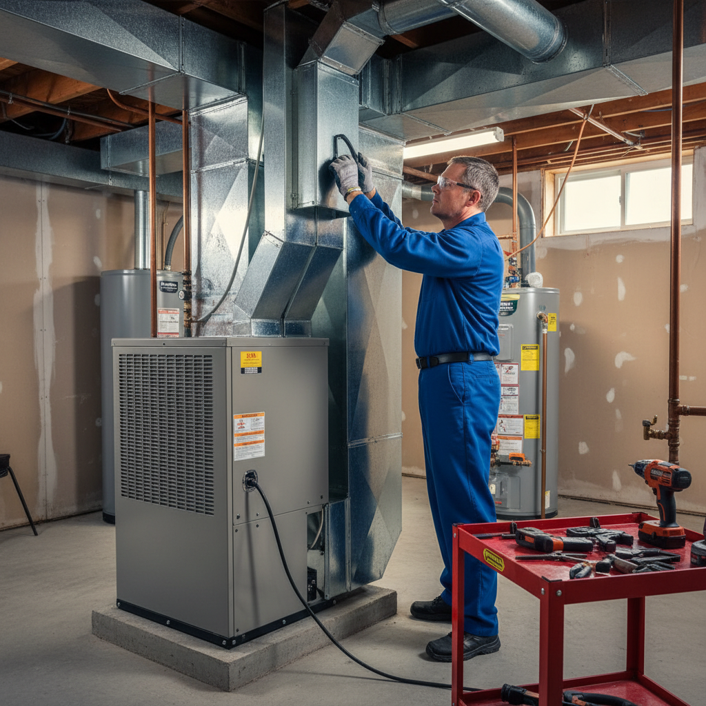 Experienced BIM Heating and Cooling technician installing a new furnace in a Fredericksburg, Virginia residence.