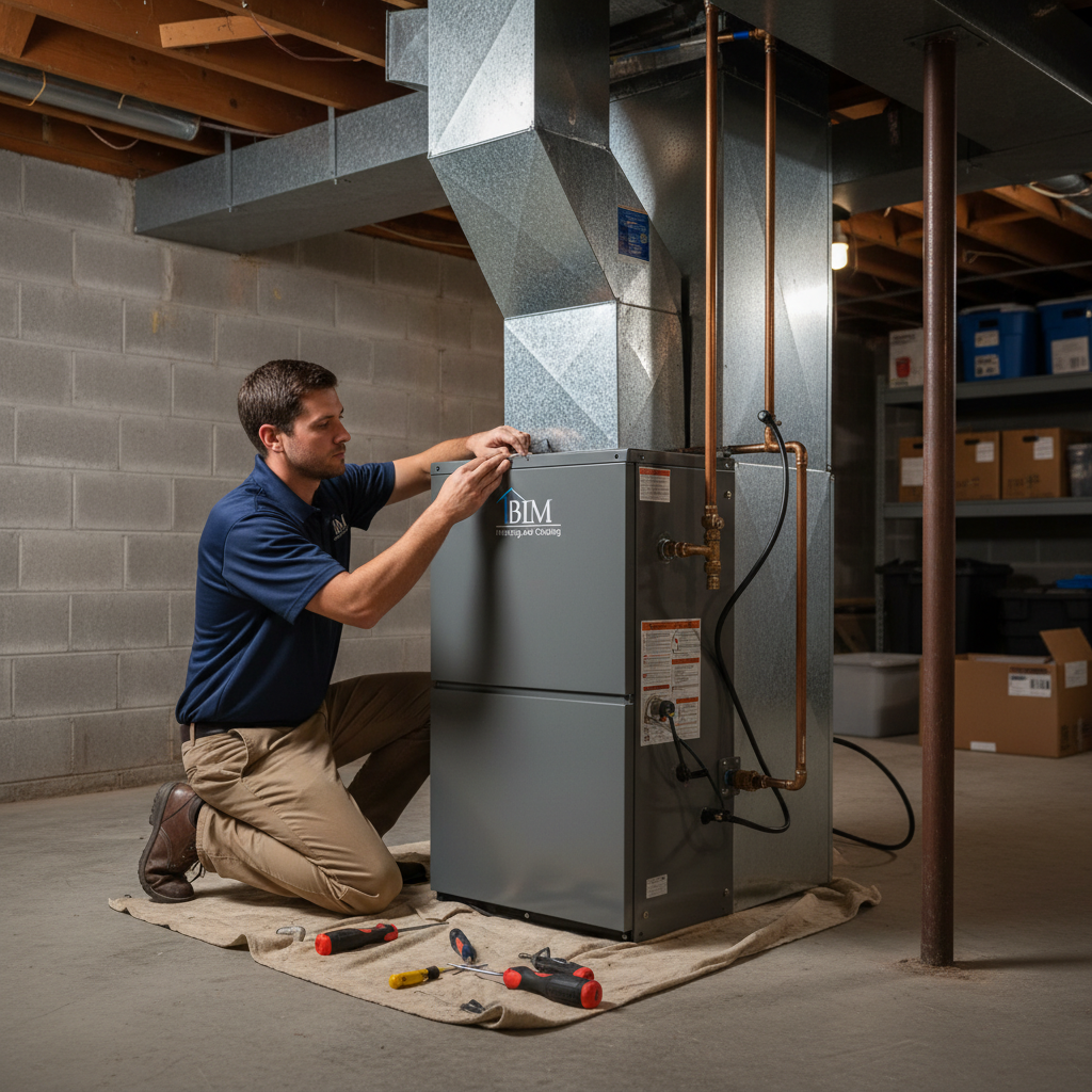 Experienced BIM Heating and Cooling technician installing a new furnace in a Virginia home's basement.
