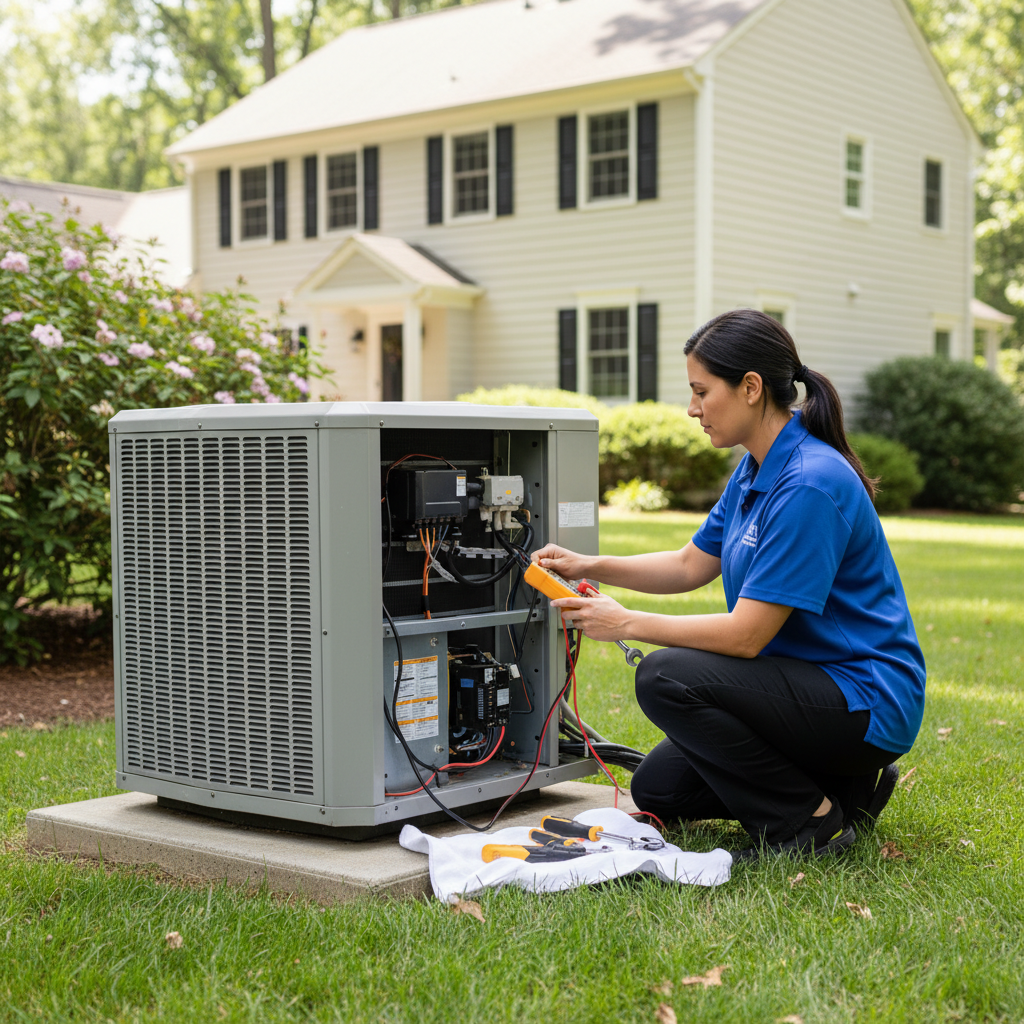 Experienced BIM Heating and Cooling technician performing AC repair outside a home in Fredericksburg, Virginia.