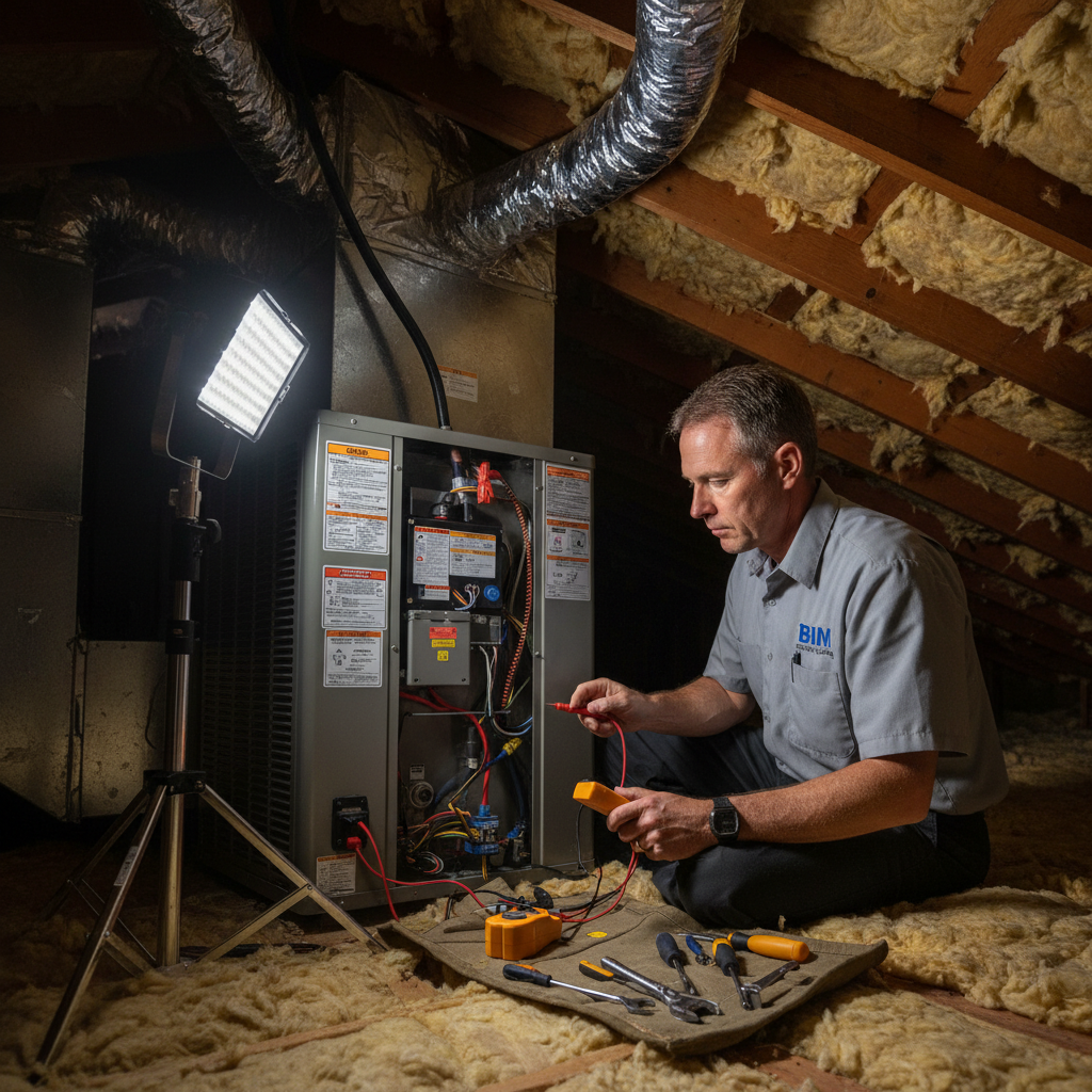 Experienced BIM Heating and Cooling technician performing AC repair in a Stafford County, Virginia attic.