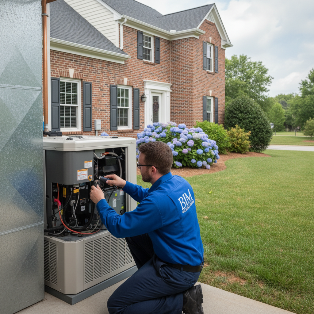 Experienced BIM Heating and Cooling technician performing AC repair in a Stafford County, Virginia residence.