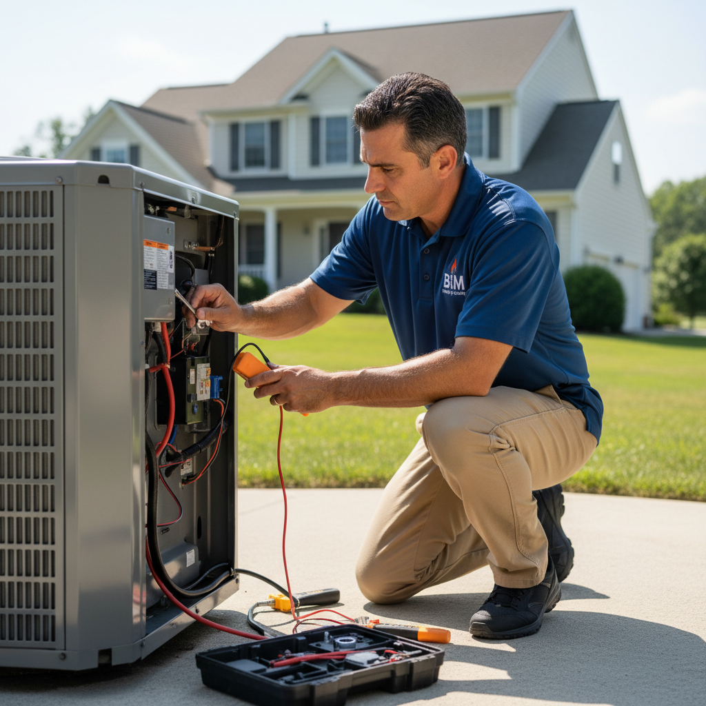 Experienced BIM Heating and Cooling technician performing AC repair in a Stafford County, VA residence.