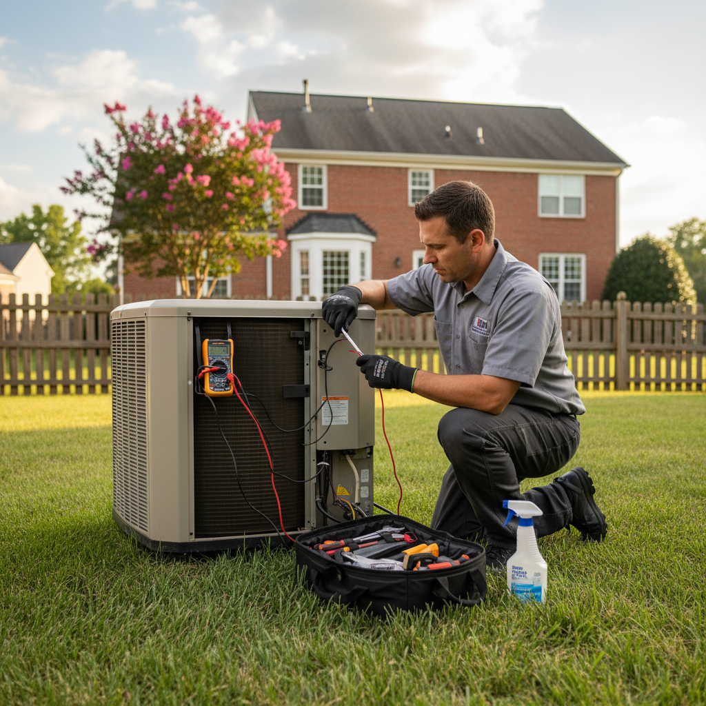 Experienced BIM Heating and Cooling technician performing AC repair on an outdoor unit in Fredericksburg, VA.