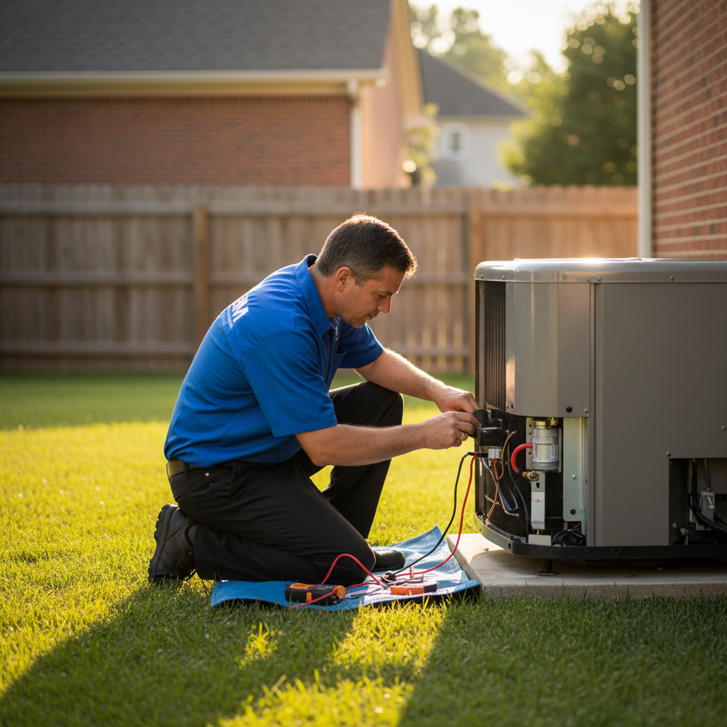 Experienced BIM Heating and Cooling technician performing AC repair in a Stafford County, Virginia residence.