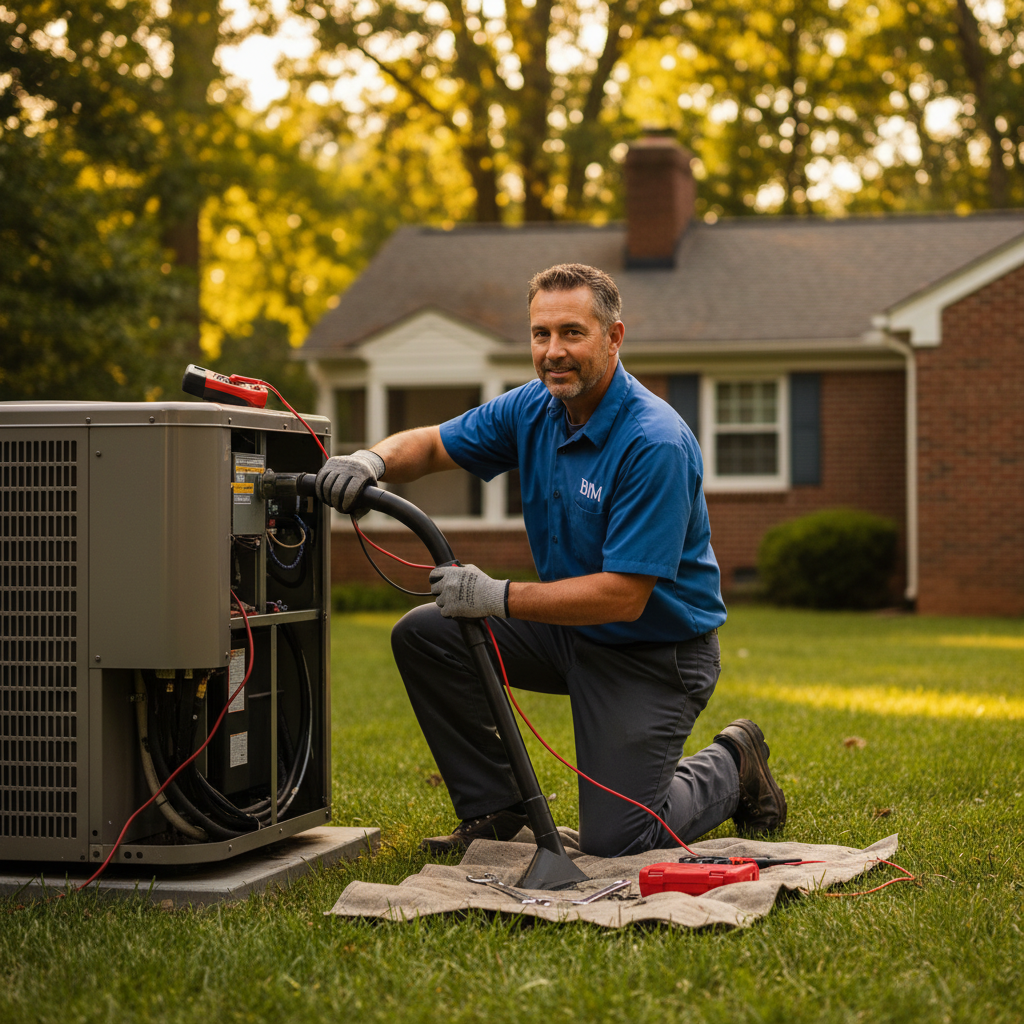 Experienced BIM Heating and Cooling technician performing AC maintenance in a Fredericksburg, VA backyard.