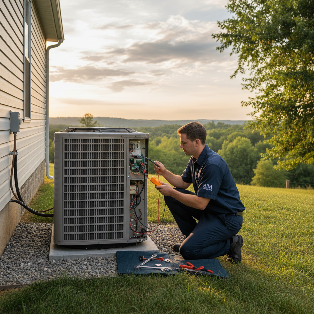 Experienced BIM Heating and Cooling technician performing AC repair on an outdoor unit in Fredericksburg, VA.