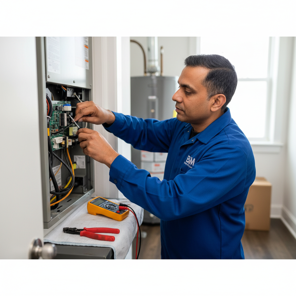 Experienced BIM Heating and Cooling technician performing AC repair service in a Fredericksburg home.