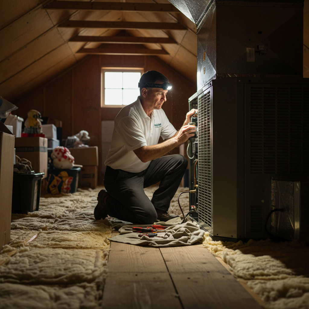 Experienced BIM Heating and Cooling technician performing AC repair in a Stafford County, Virginia attic.