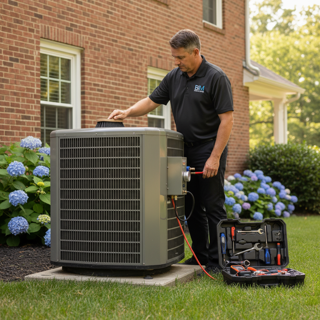 Experienced BIM Heating and Cooling technician performing AC maintenance outside a Fredericksburg, Virginia residence.