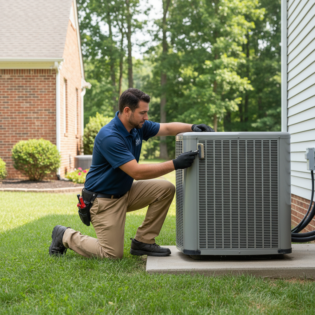 Experienced BIM Heating and Cooling technician performing AC maintenance in Fredericksburg, Virginia.
