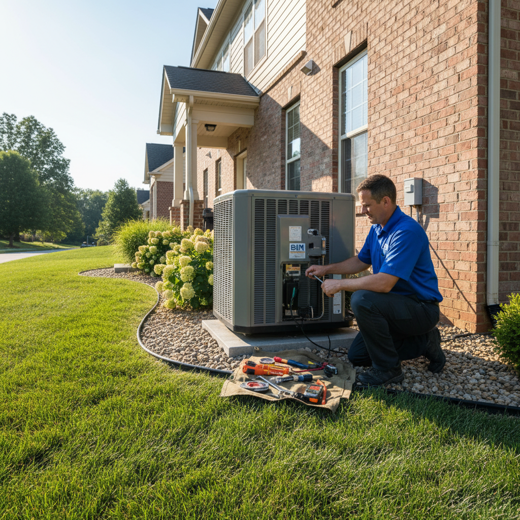 Experienced BIM Heating and Cooling technician performing AC maintenance outside a Virginia home near Fredericksburg.