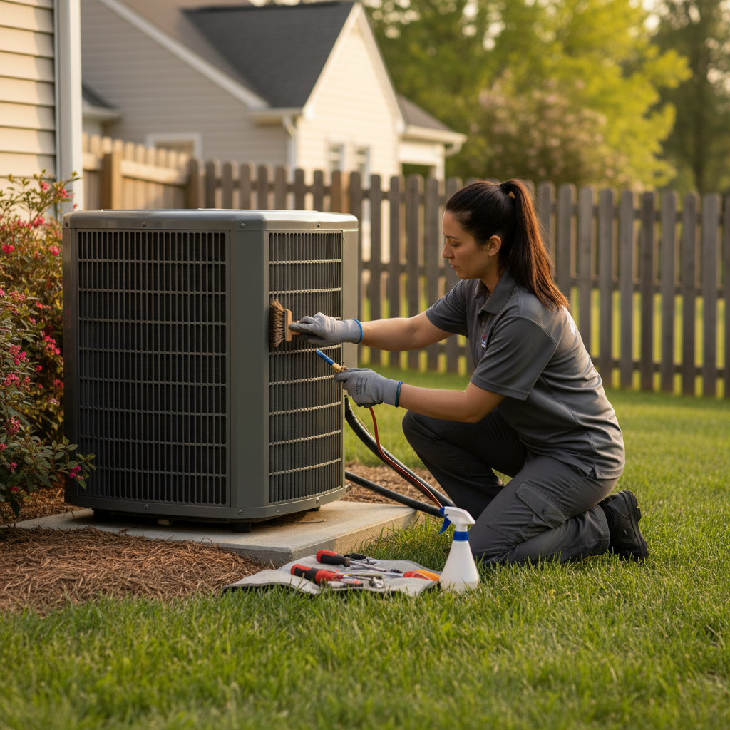 Experienced BIM Heating and Cooling technician performing AC unit maintenance in Fredericksburg, VA backyard.