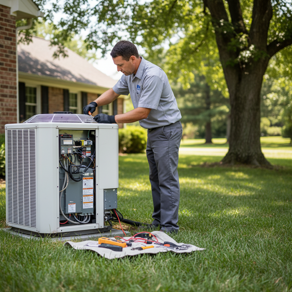 Experienced BIM Heating and Cooling technician performing AC repair service in a Fredericksburg, Virginia home.