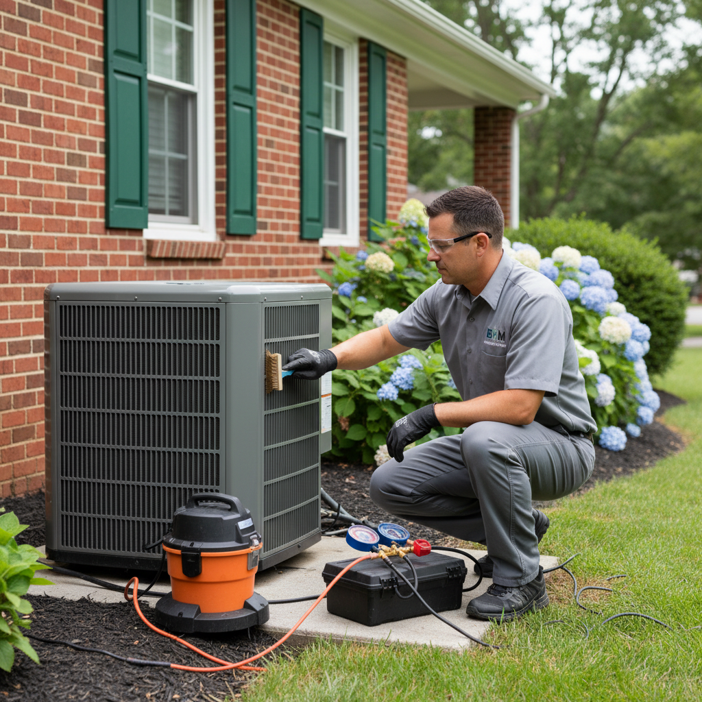 Experienced BIM Heating and Cooling technician performing AC unit maintenance in Fredericksburg, Virginia.
