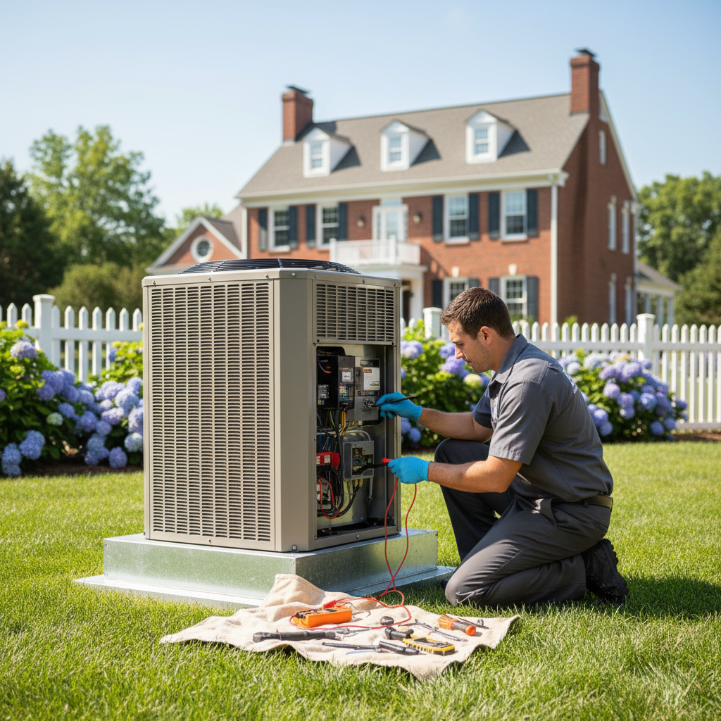 Experienced BIM Heating and Cooling technician performing AC repair service in a Fredericksburg, VA backyard.