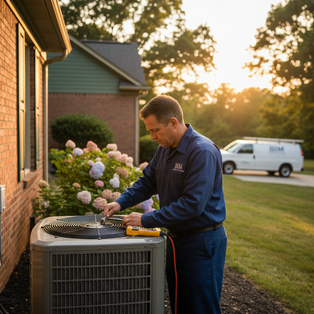 Experienced BIM Heating and Cooling technician performing AC repair in a Stafford County, Virginia residence.