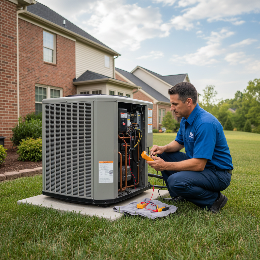 Experienced BIM Heating and Cooling technician performing AC repair in a Virginia residential backyard.