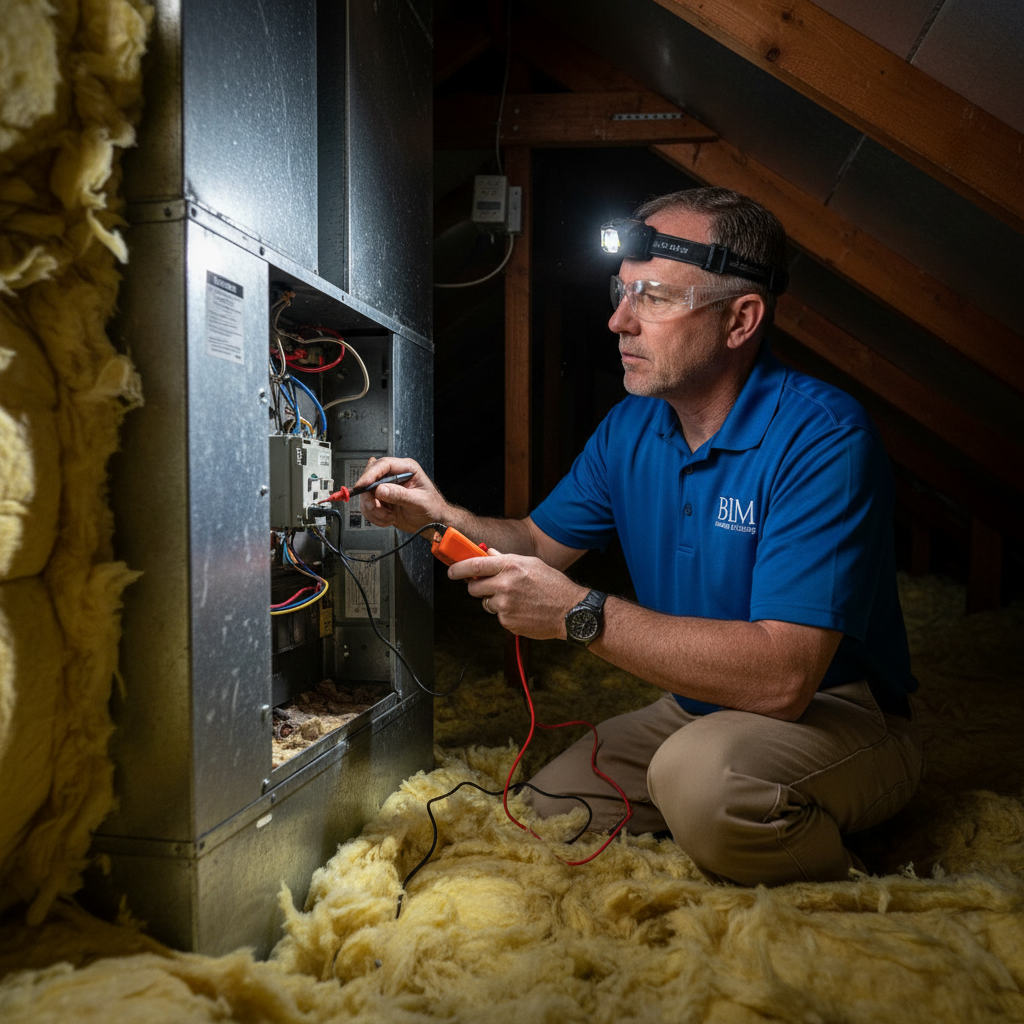 Experienced BIM Heating and Cooling technician performing AC repair service in a Fredericksburg, VA attic.