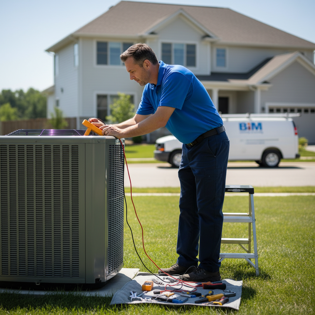 Experienced BIM Heating and Cooling technician performing an AC repair in a Stafford County, Virginia residence.