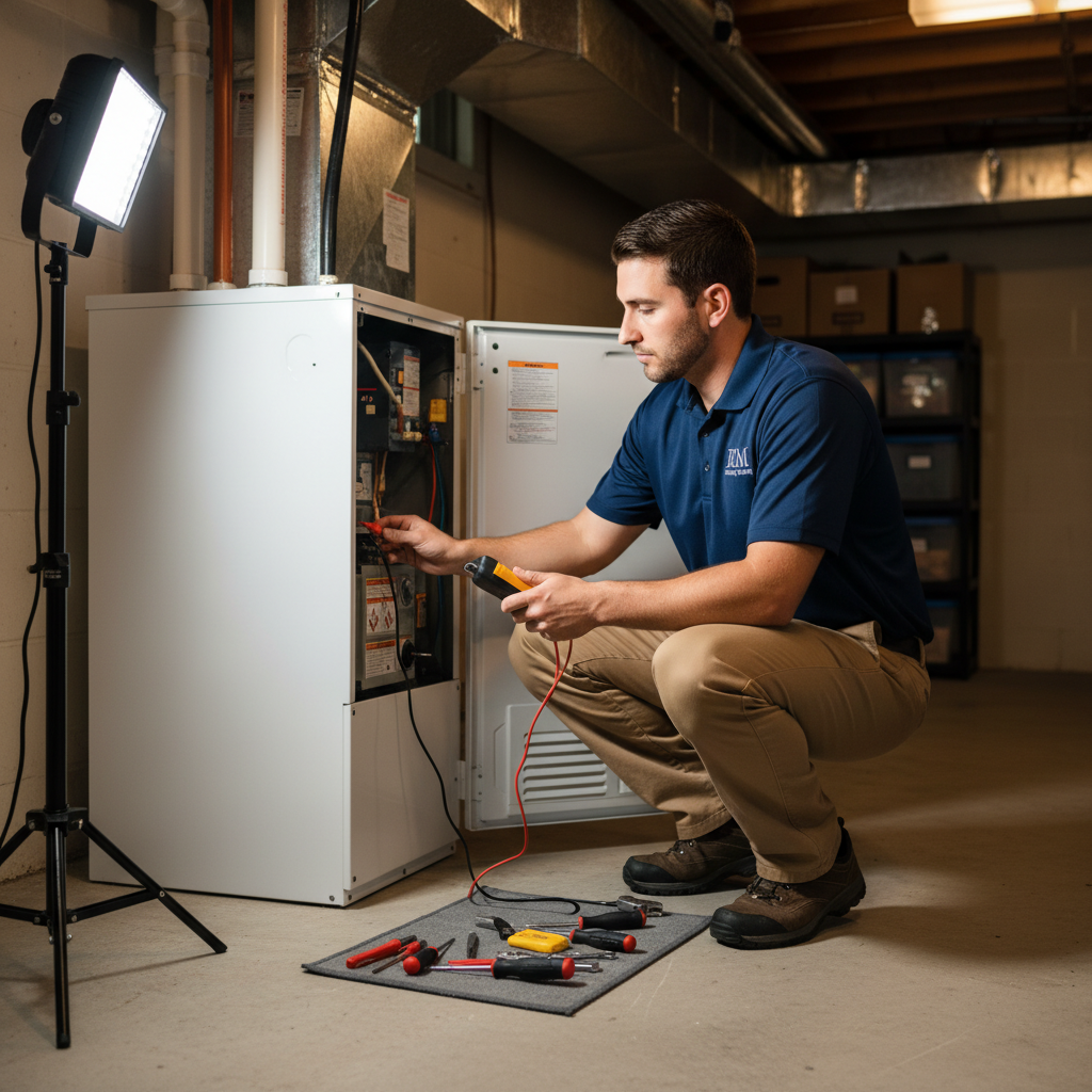 Experienced BIM Heating and Cooling technician performing furnace repair in a Fredericksburg, Virginia home.