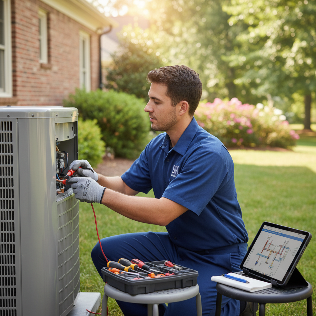 Experienced BIM Heating and Cooling technician repairing an outdoor AC unit in Fredericksburg, VA.
