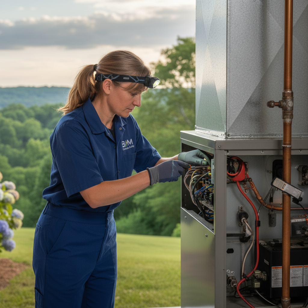 Experienced BIM Heating and Cooling technician working on a furnace in Fredericksburg, Virginia.