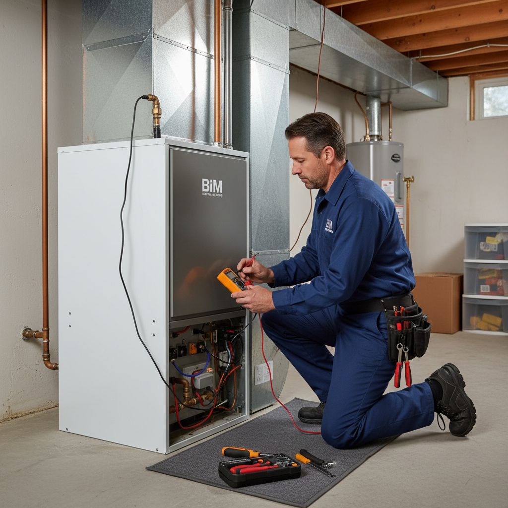 Experienced BIM Heating and Cooling technician working on a furnace in Fredericksburg, Virginia.