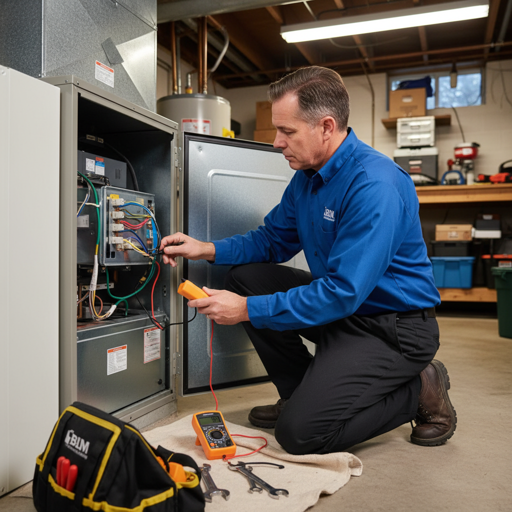 Experienced BIM Heating and Cooling technician working on a furnace in a Virginia county residence.