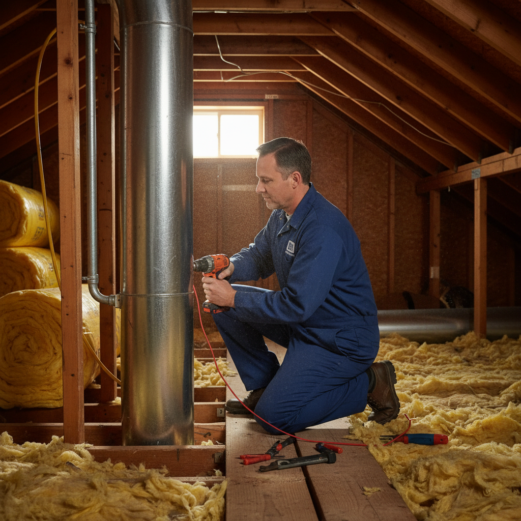 Experienced HVAC specialist from BIM Heating and Cooling installing new ductwork in Fredericksburg, VA.