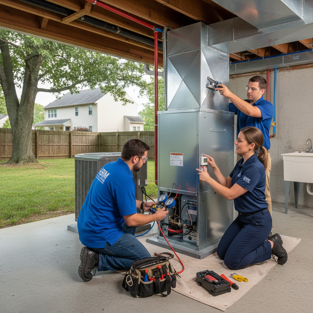 Experienced HVAC technician from BIM Heating and Cooling inspecting an outdoor AC unit in a Fredericksburg, VA backyard.