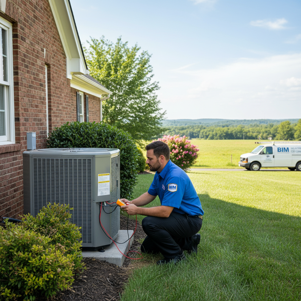 Experienced HVAC technician from BIM Heating and Cooling inspecting a residential air conditioning unit in Fredericksburg, VA.