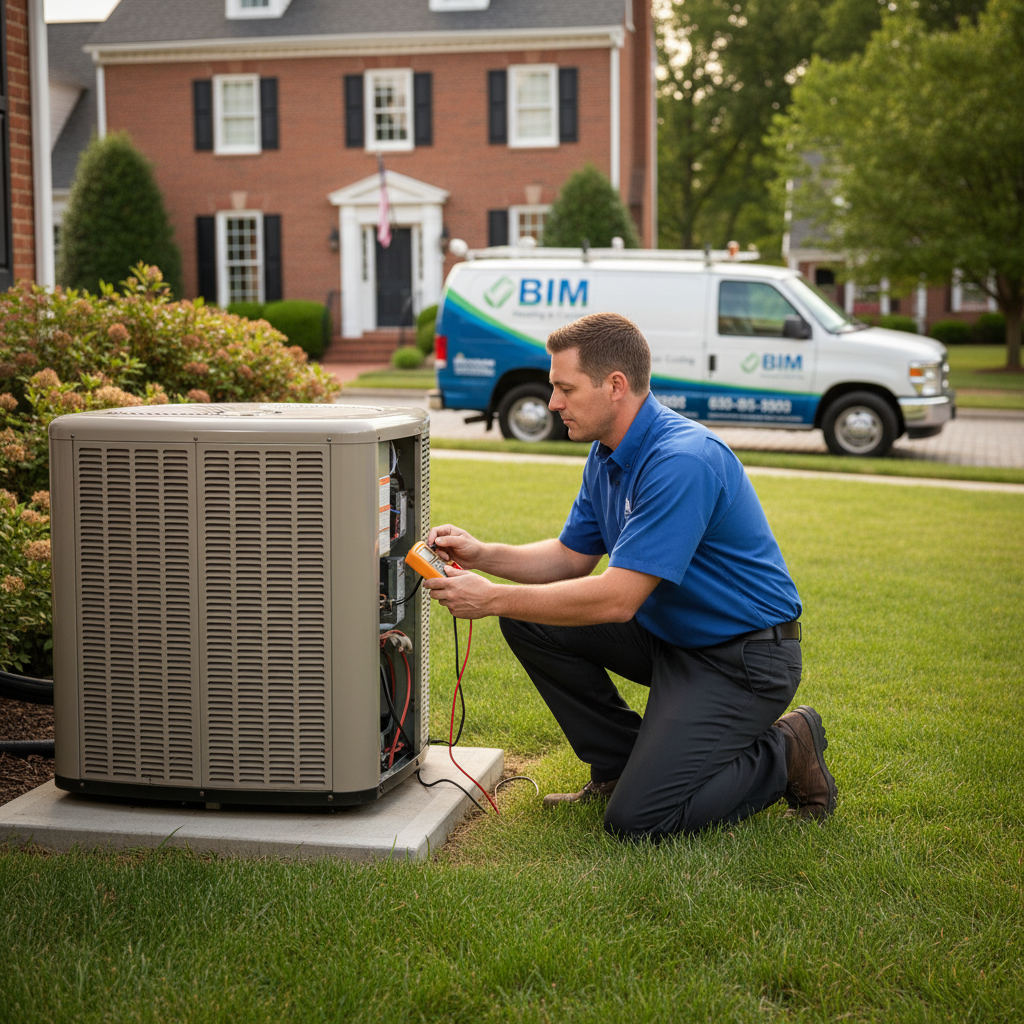 Experienced HVAC technician from BIM Heating and Cooling inspecting an outdoor AC unit in Fredericksburg, Virginia.