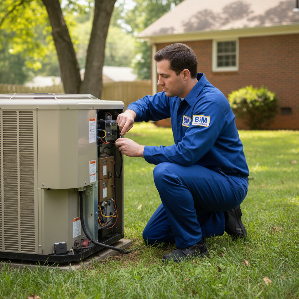 Experienced HVAC technician from BIM Heating and Cooling performing AC repair on an outdoor unit in Fredericksburg, VA.