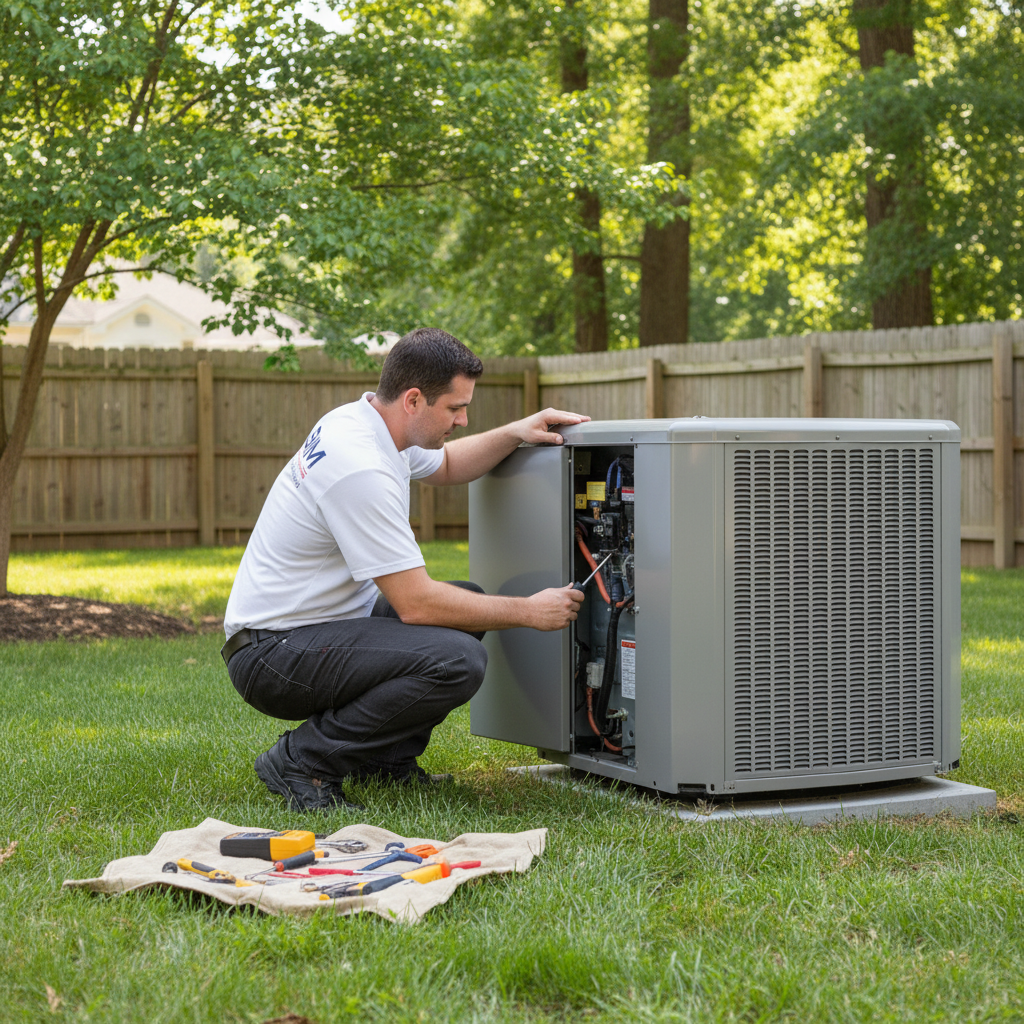Experienced HVAC technician from BIM Heating and Cooling performing maintenance on an outdoor unit in Fredericksburg, VA.